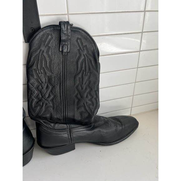 VTG Stitched Cowboy Boots Mens 10.5 EW Black Leather USA Western Pull On Wide - Picture 6 of 9